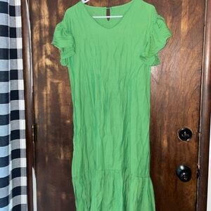 Bright green midi dress with ruffle detail